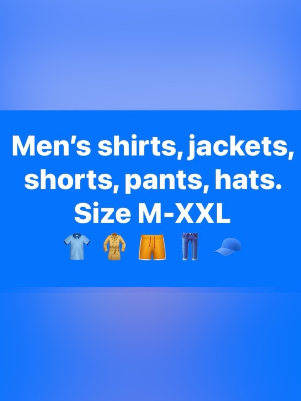 Men’s clothing. Shirts, jackets, pants, shorts, sweatshirts,hats. Small-XXL
